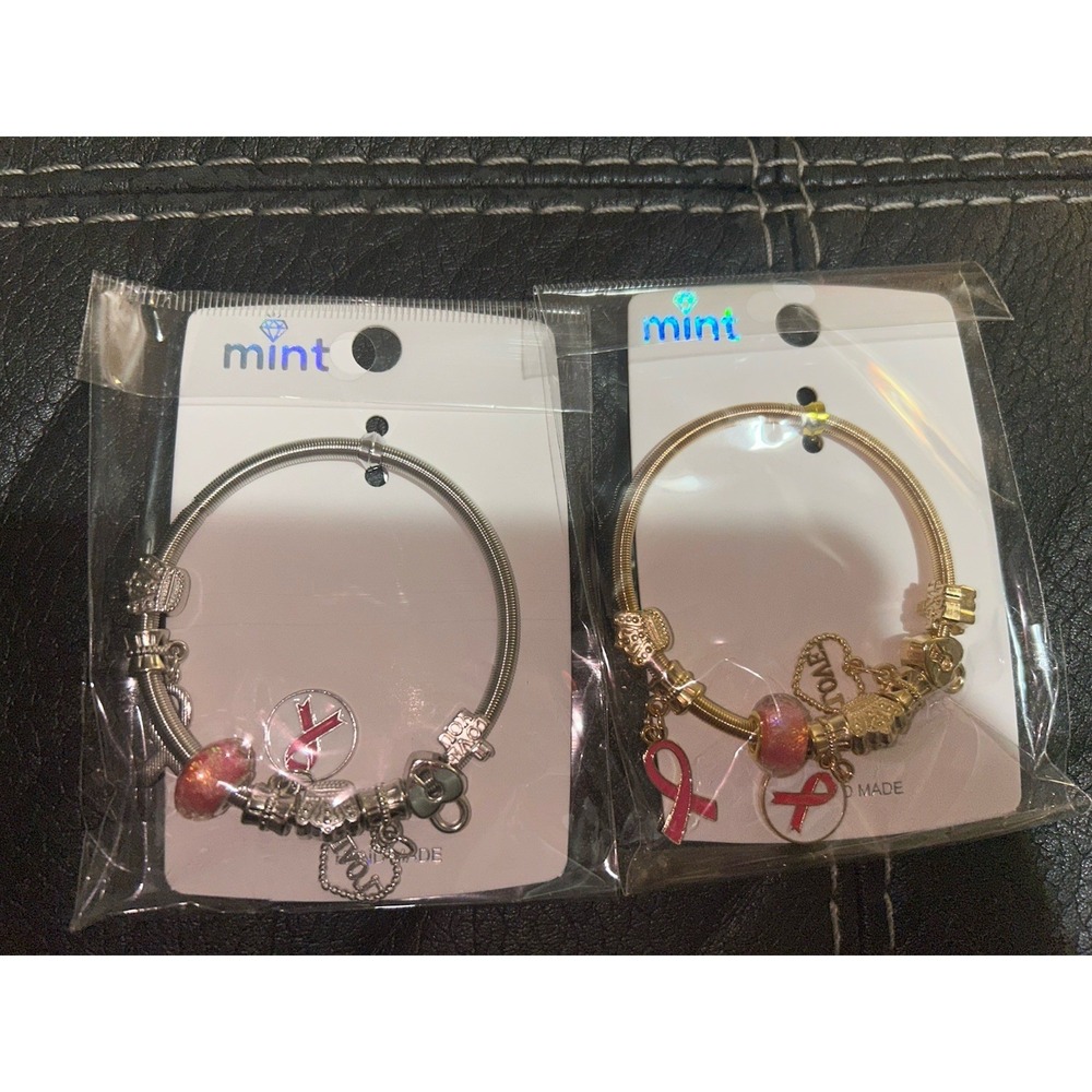 Gold & Silver-tone Coil Bracelets, Breast Cancer With Charms Set Off 2